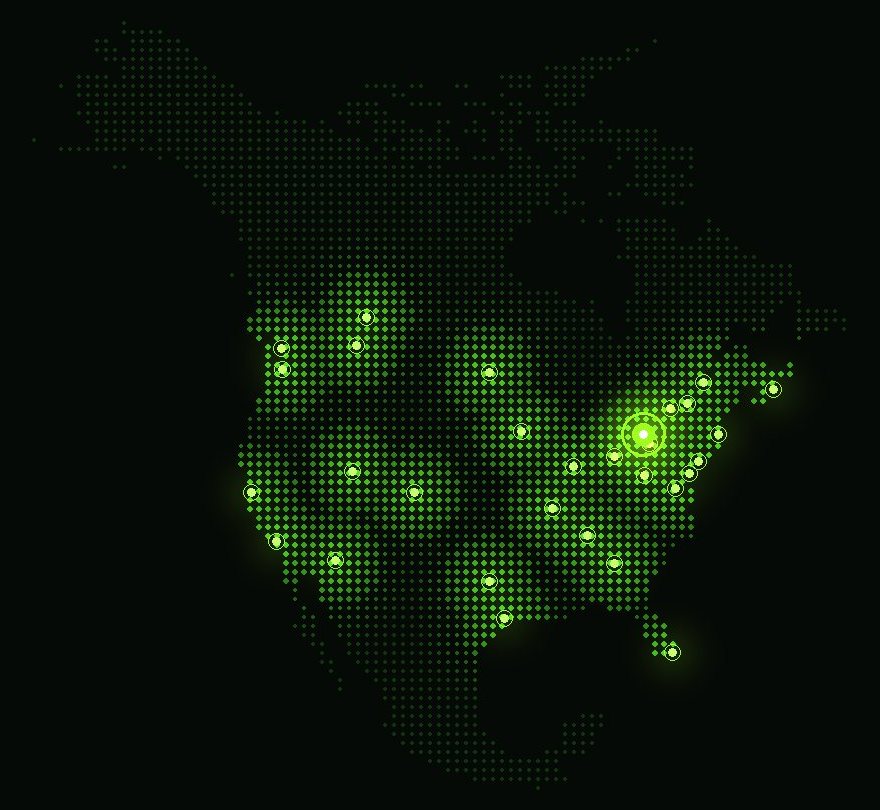 Map of North America with hockey cities highlighted